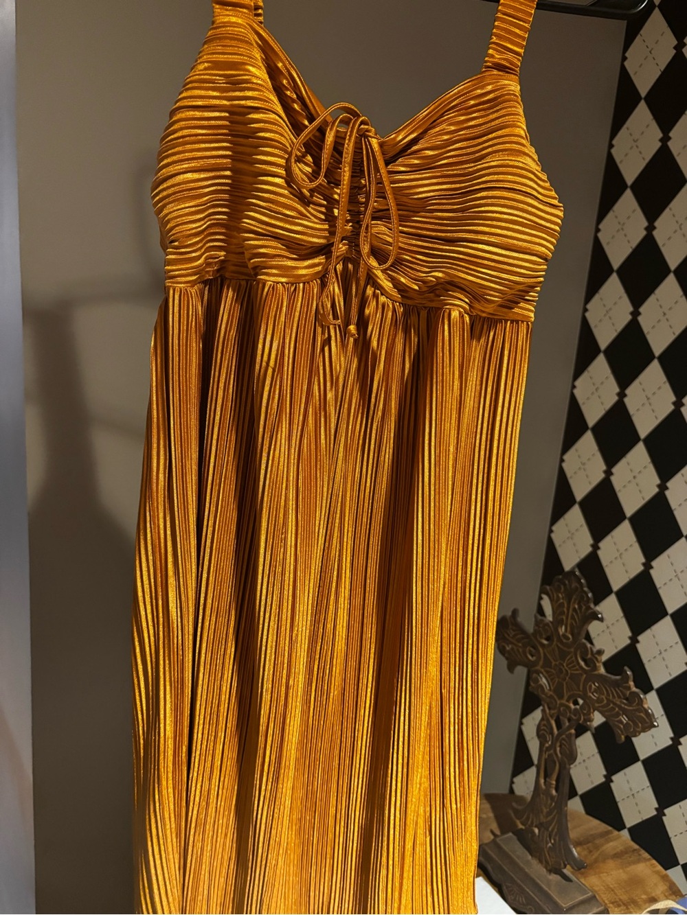 Pleated Tie-Front Maxi Dress in Mustard Gold